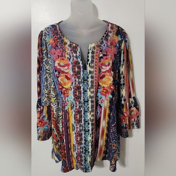 Savanna Jane Serape Top Embroidered Plus Sz L Women’s Flared Sleeve Floral Boho - Picture 1 of 6